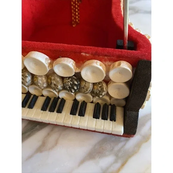 Handmade Seashell Grand Piano Jewelry Box Red Velvet Lining Vintage Coastal Art - Picture 3 of 8